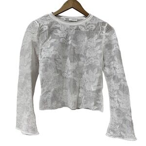 Zara Sheer Mesh Floral Shirt Womens Small White Long Sleeve Lightweight Top